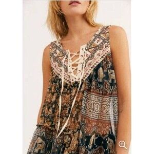 NEW Free People Women's Midi Dress XS Multi-Color Lace-Up Boho Sheer Top Tunic